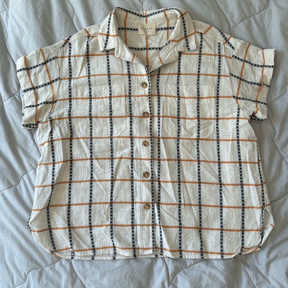 Sezane Cream and Black Plaid Top
